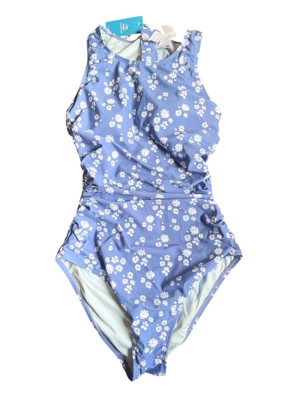 Cupshe Blue Floral High-Neck One-Piece Swimsuit Ruched Waist Zipper Back